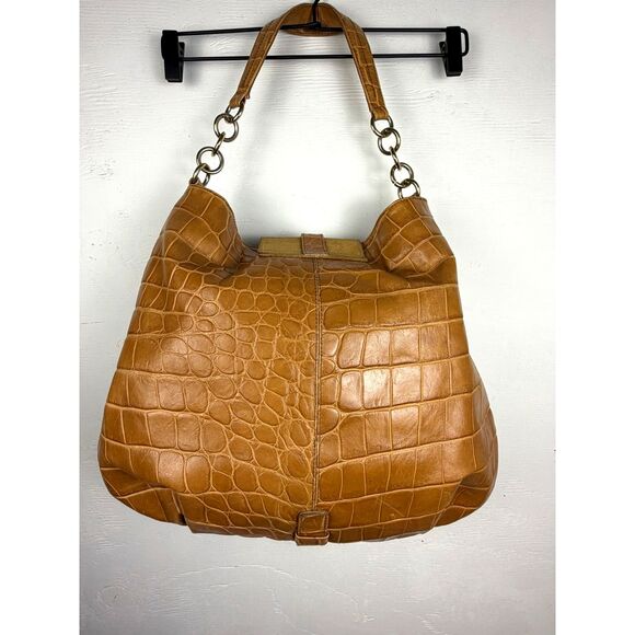 Y2K Vintage Furla Italian Leather Croc Embossed Shoulder Bag Camel 